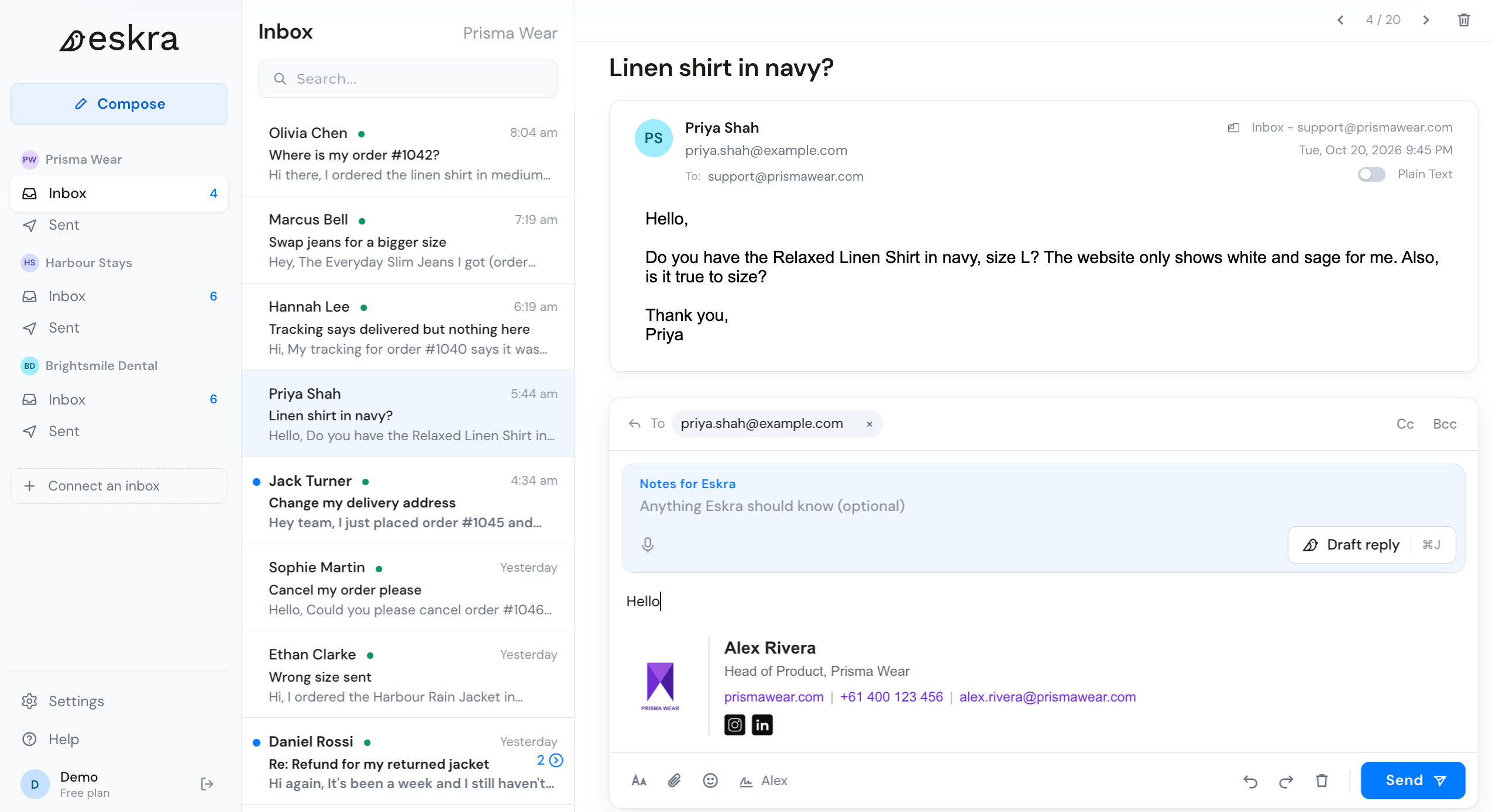 Eskra's inbox: the email list, the open email, and Draft reply under it