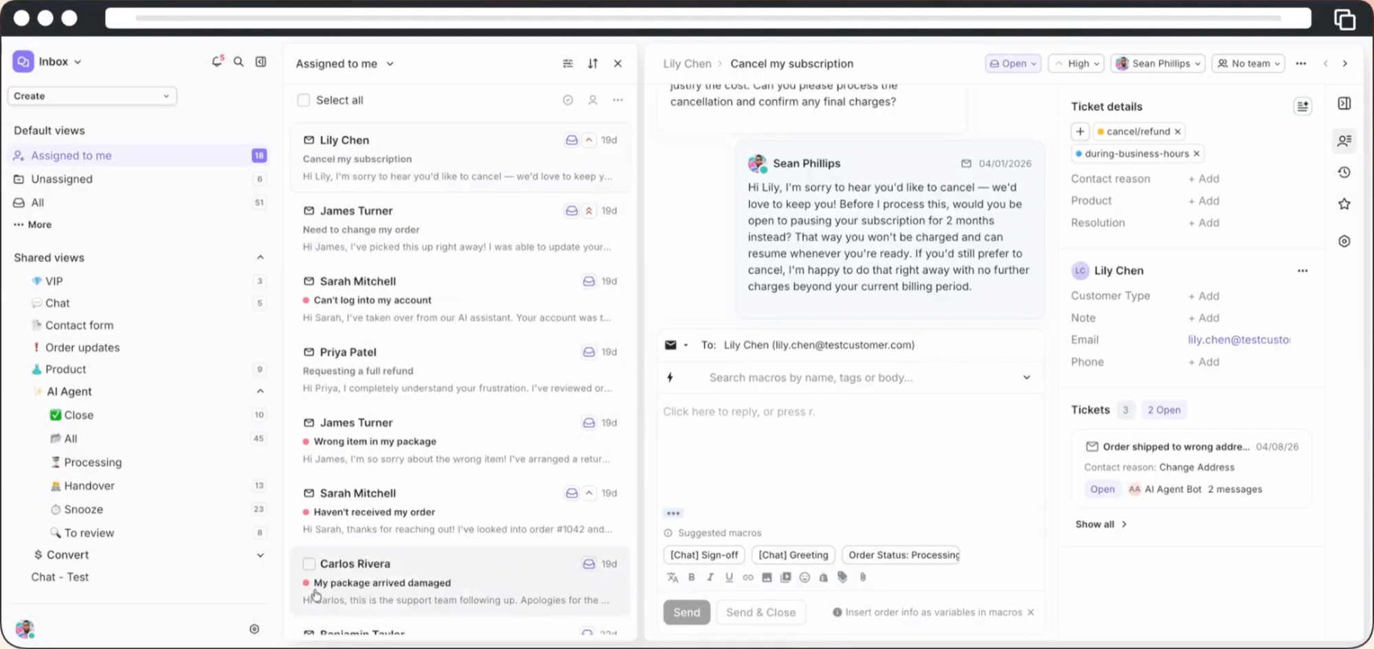 Gorgias's helpdesk: ticket views including AI Agent, a list of customer tickets, an open ticket with suggested macros, and ticket details beside it